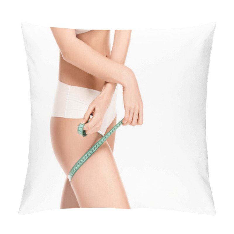 Personality  Partial View Of Woman In Panties Measuring Thigh Isolated On White  Pillow Covers