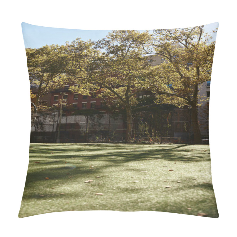 Personality  A View Of A Grassy Field In New York City, With Trees Casting Long Shadows On The Ground. Pillow Covers