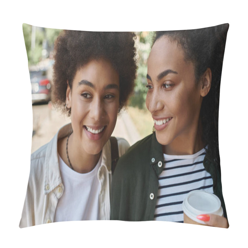 Personality  A Joyful Couple Shares Laughter And Coffee, Embracing Nature And Each Other On Their Adventurous Outing. Pillow Covers