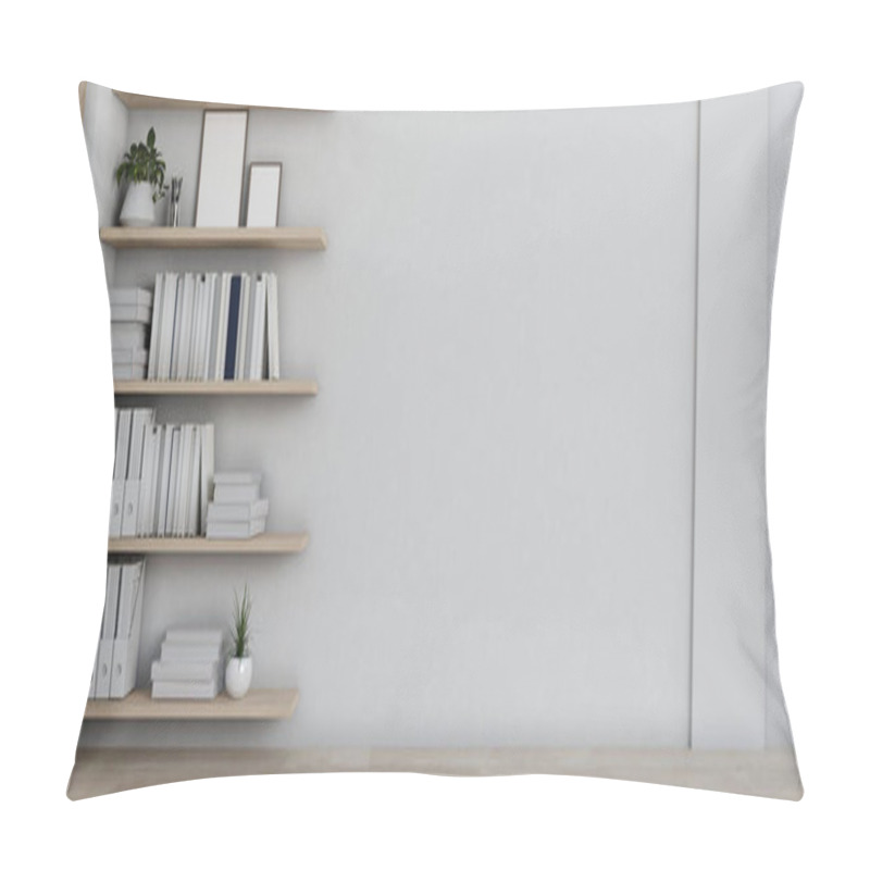 Personality  A Front View Of A Modern Empty Room Features A White Wall, Parquet Floor, And Wall Bookshelves. 3d Render, 3d Illustration Pillow Covers