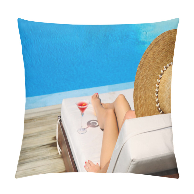 Personality  Woman At Poolside With Cosmopolitan Cocktail Pillow Covers