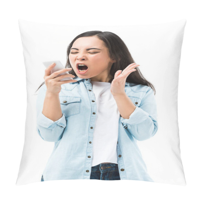 Personality  Attractive And Angry Asian Woman In Denim Shirt Screaming And Holding Smartphone Isolated On White  Pillow Covers