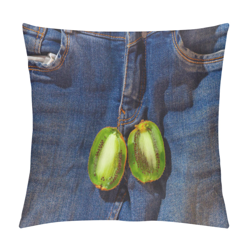 Personality  Two Green Kiwi Halves On The Fly Of Blue Jeans. Pillow Covers