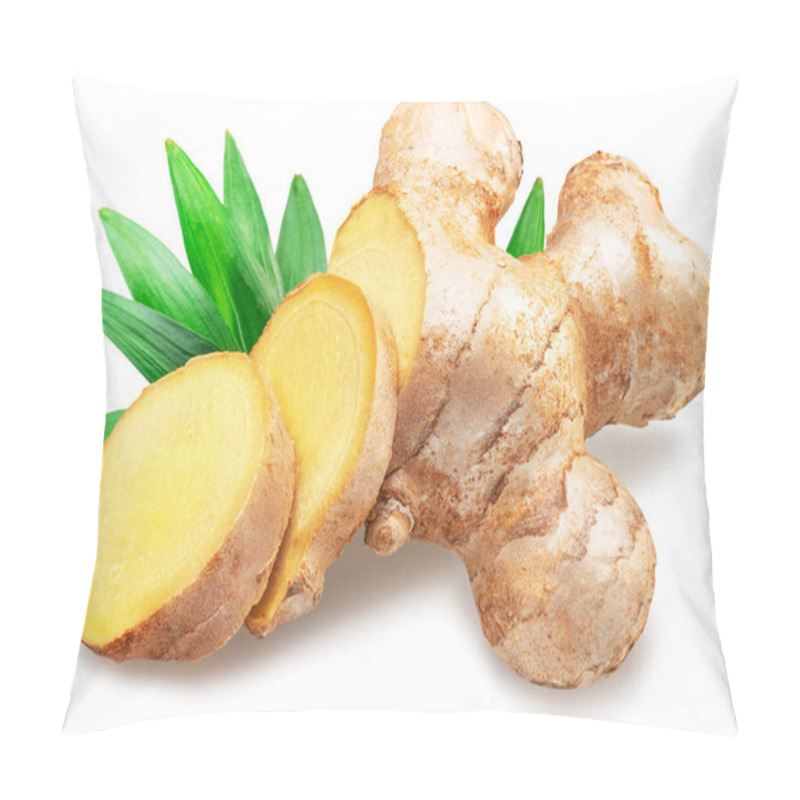 Personality  Fresh Ginger Root And Ginger Slices With Leaves Isolated On White Background.  Pillow Covers