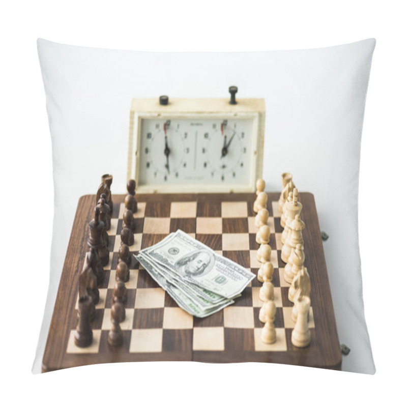 Personality  Chess Clock Near Chess Board With Figures And Dollar Banknotes Isolated On White Pillow Covers