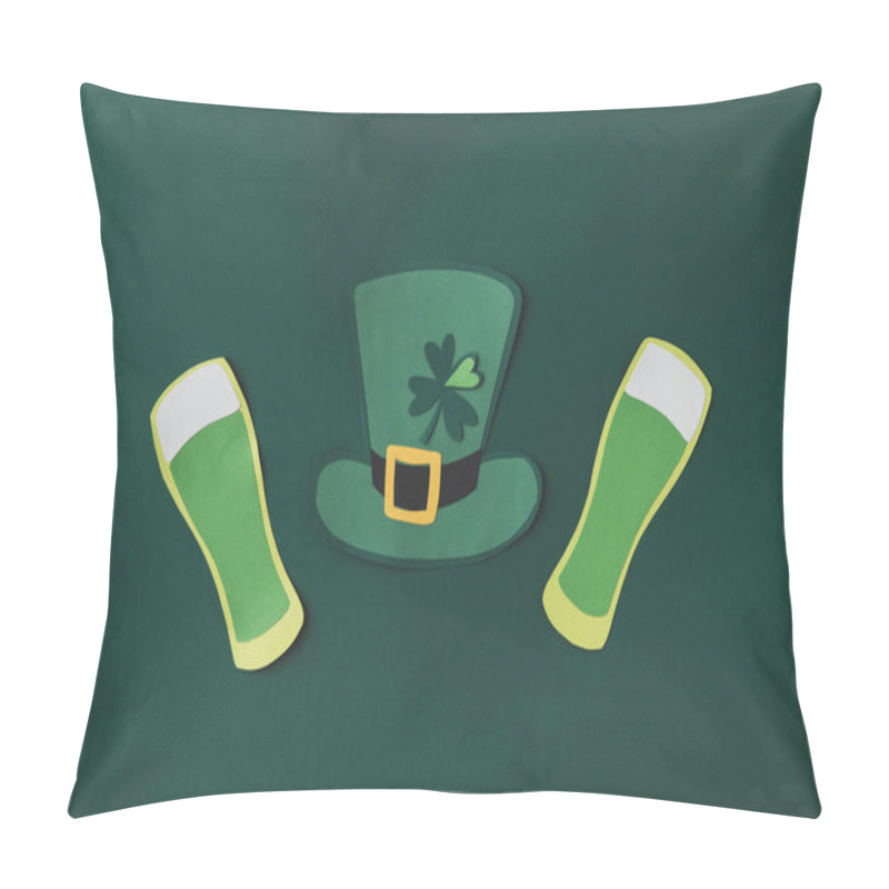 Personality  Top View Of Paper Decoration Of Green Hat And Beer For St Patricks Day Isolated On Green Pillow Covers