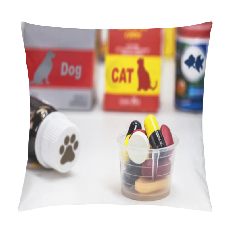 Personality  Medicine For Veterinary Use, Pills And Capsules For Pets And Animals, Veterinary Medicine For Dogs, Cats And Fish In The Background, Copy Space Pillow Covers