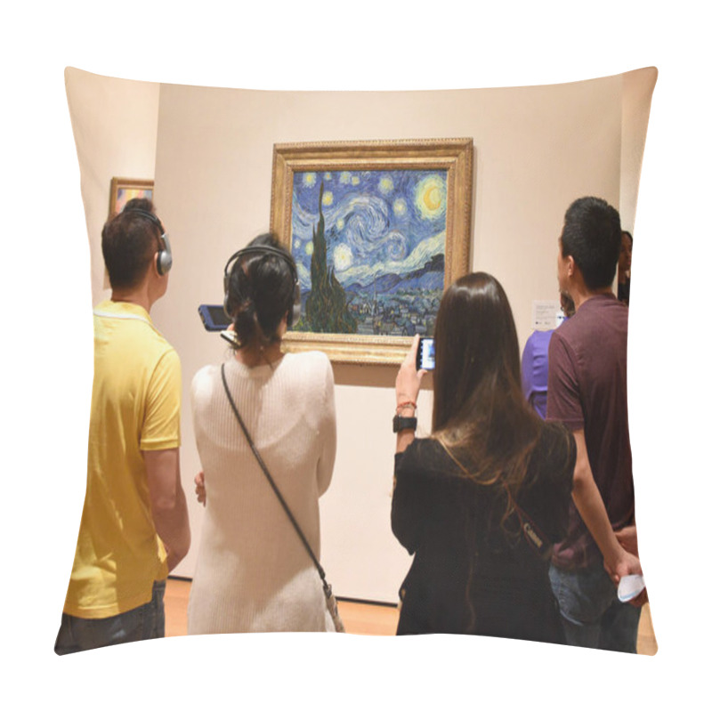 Personality  New York, USA - June 8, 2018: People Near The Starry Night By Vincent Van Gogh Painting In Museum Of Modern Art In New York City. Pillow Covers