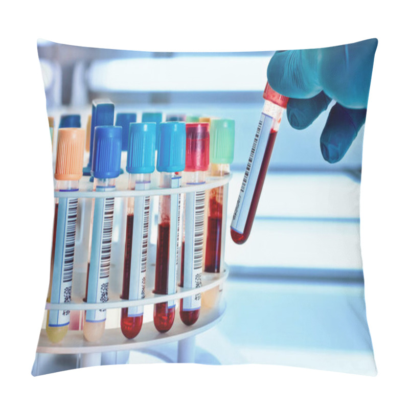 Personality  Hand Of A Doctor Or Nurse Holds A Blood Test Tube. Technician Taking Blood Tubes In The Laboratory Centrifuge Pillow Covers