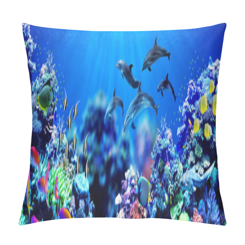 Personality  Panorama Background Of Dolphins Swimming In Beautiful Coral Reef With Marine Tropical Fish Pillow Covers