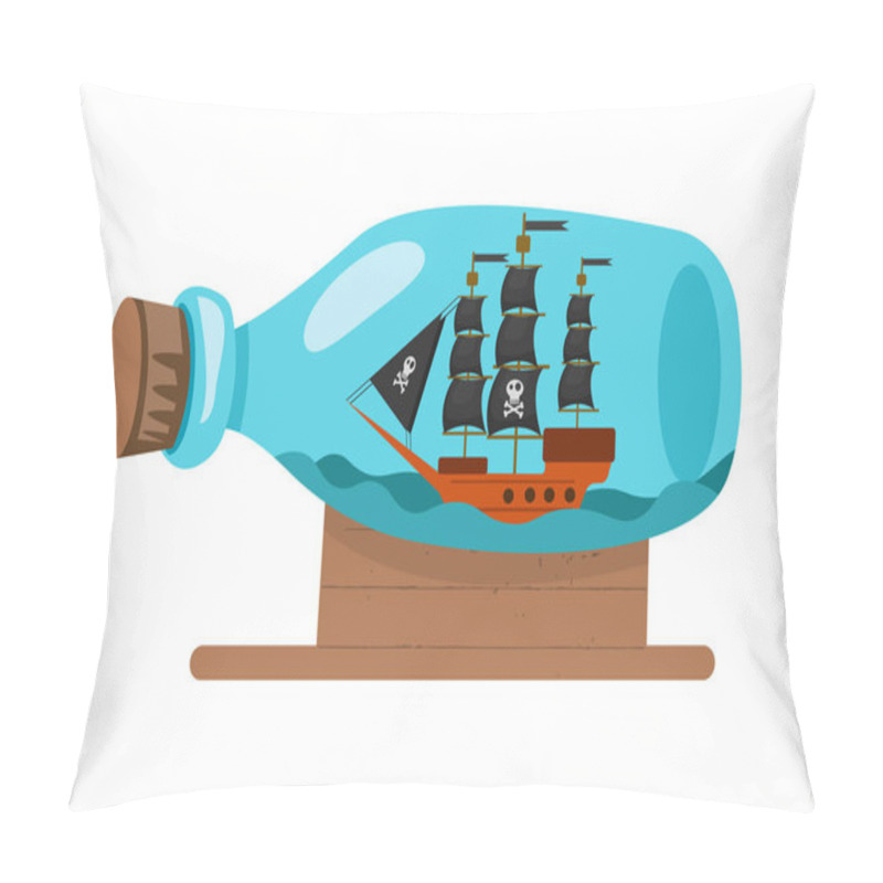 Personality  Illustration Of Glass Bottle With Sea Inside And Floating Pirate Ship With Black Sails. Eps Vector Illustration, Horizontal Image Pillow Covers