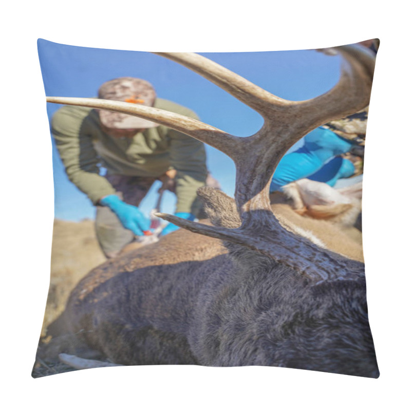 Personality  Two Male Deer Hunters Prepare To Skin, Dress And Process The Shot Deer While In The Field Pillow Covers