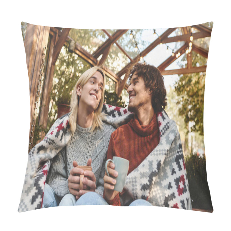 Personality  Two Young Men, Smiling And Enjoying Each Others Company, Cozy Up Under A Colorful Blanket, Sipping Warm Drinks In A Charming Outdoor Cafe Filled With Autumnal Foliage. Pillow Covers