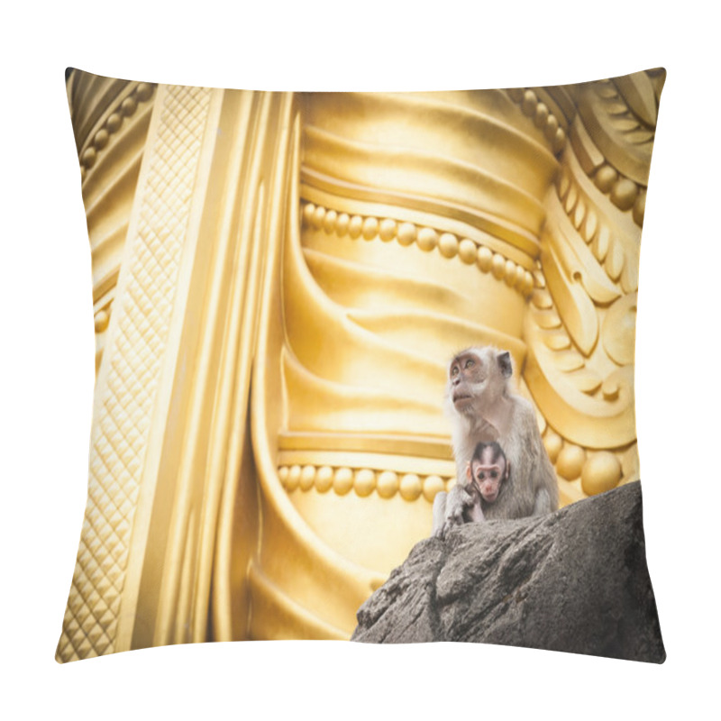 Personality  Monkeys Sitting On Rock At Base Of Golden Statue Malaysia Pillow Covers