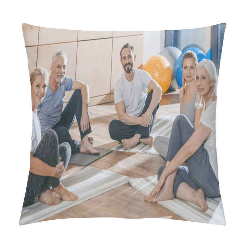 Personality  Mature People With Instructor Sitting On Yoga Mats And Looking At Camera Pillow Covers