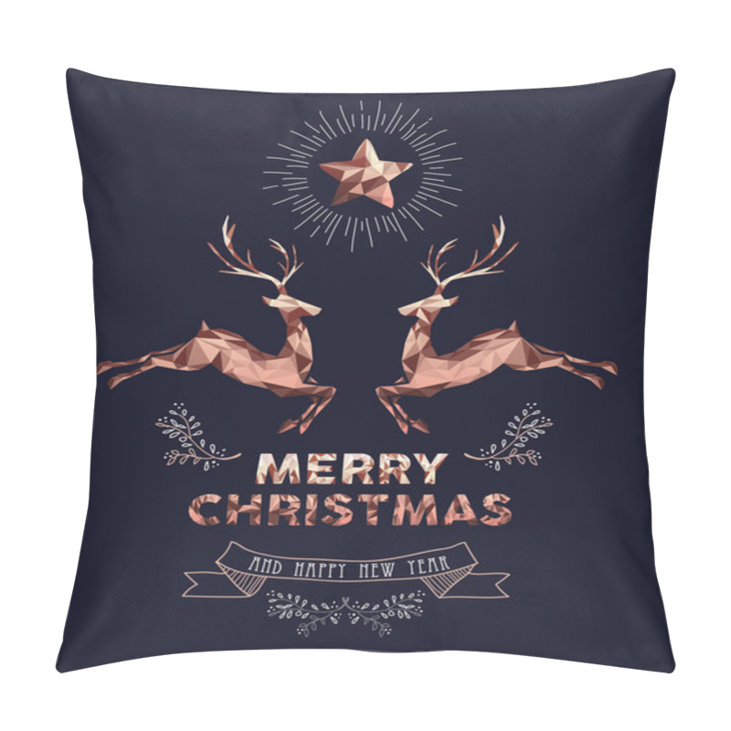 Personality  Merry Christmas Happy New Year Elegant Label Design Illustration In Copper Low Poly Style With Reindeer And Hand Drawn Ornament Decoration. Ideal For Holiday Greeting Card, Xmas Poster Or Web. EPS10 Vector. Pillow Covers