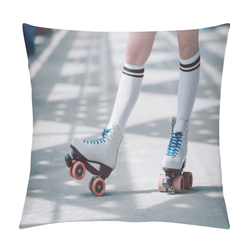 Personality  Partial View Of Woman In White High Socks With Black Stripes And Retro Roller Skates Pillow Covers