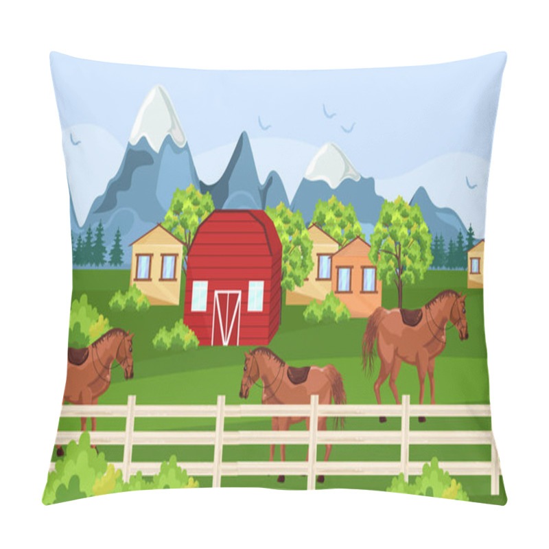 Personality  Horses Farm, Green Field Vector. Farm Ville Sunny Summer Day Backgrounds Pillow Covers