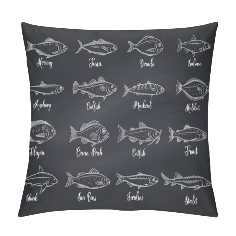 Personality  Outline Fish. Engraved Seafood With Bream, Mackerel, Tuna Or Sterlet, Catfish, Codfish And Halibut. Linear Icon Tilapia, Ocean Perch, Sardine, Anchovy, Sea Bass And Dorado. Vector Illustration Pillow Covers