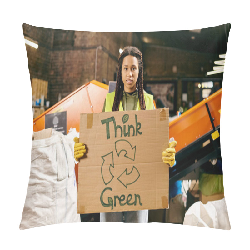 Personality  A Young Volunteer In Gloves And Safety Vest Advocates For The Environment Holding A Think Green Sign. Pillow Covers