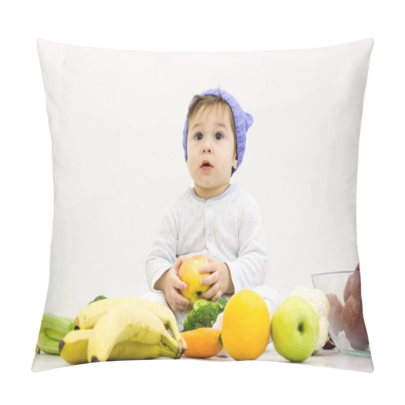 Personality  Baby Surrounded With Fruits And Vegetables, Healthy Child Nutrition Pillow Covers