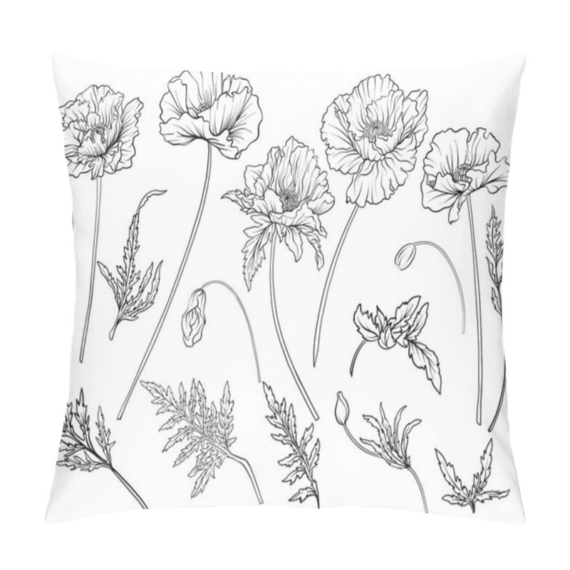 Personality  Poppy Flowers. Set Of Outline Flowers. Pillow Covers