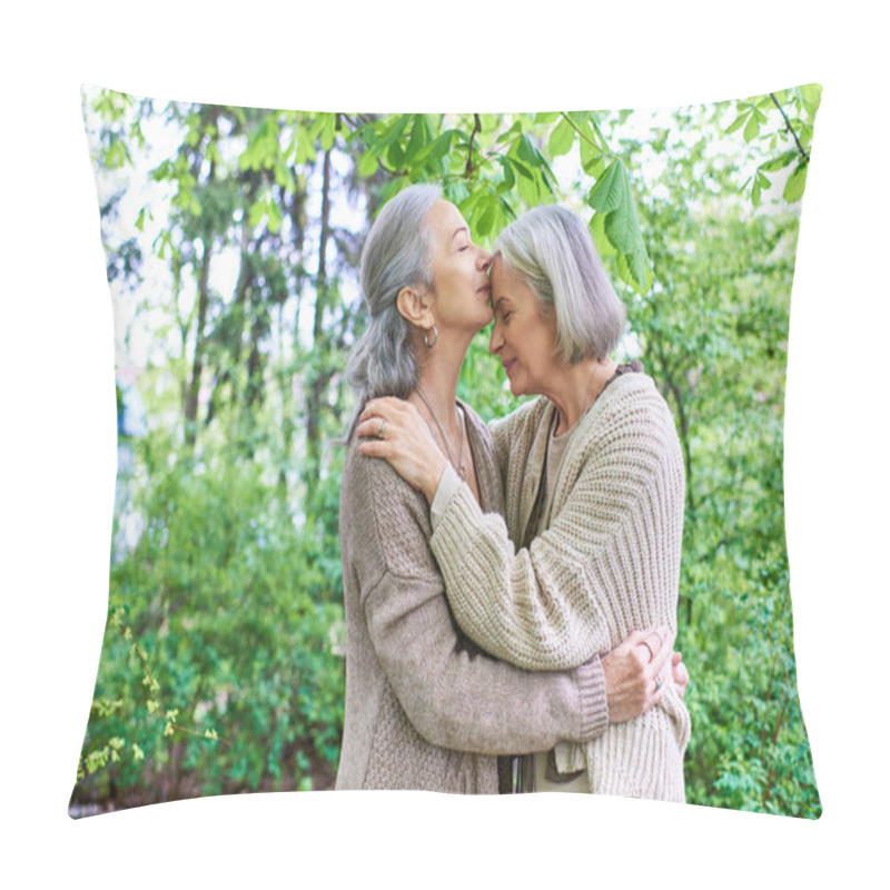 Personality  A Lesbian Couple In Cardigans Embrace Each Other Tenderly Under The Shade Of A Leafy Tree, Their Love Palpable In Their Embrace. Pillow Covers