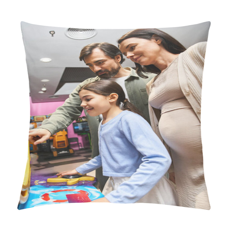 Personality  A Happy Family Enjoys Gaming Together In The Malls Arcade Area During The Weekend. Pillow Covers