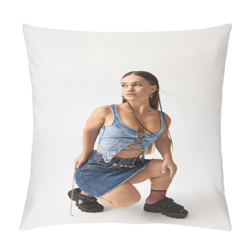 Personality  Stylish Young Woman With Achondroplasia In Denim Clothes Showcases Diversity In A Trendy Studio Environment. Pillow Covers