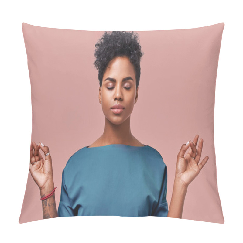 Personality  Calm Woman Relaxing Meditating, No Stress Free Relief At Work Concept, Mindful Peaceful Young Businesswoman Or Doctor Practicing Breathing Yoga Exercises On Isolated Over Beige Background. Pillow Covers