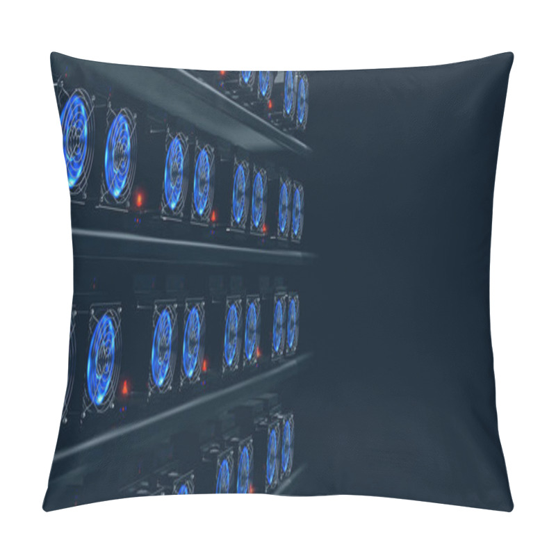 Personality  Cryptocurrency Mining Farm. 3d Illustration Of Abstract Cyberspace Blockchain On A Dark Background Pillow Covers