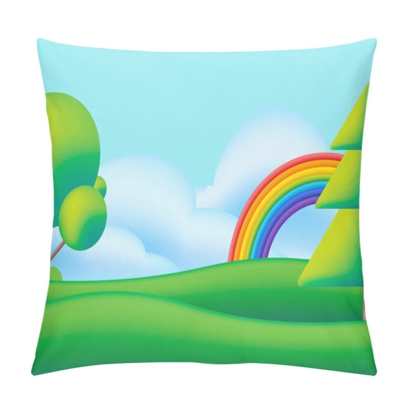 Personality  Cute Scape With Rainbow, Trees And Green Meadow. Vector Flat Illustration. Funny Dream. Kids Background With Rainbow, Bright Sky, Green Valley And Trees. Cartoon Style For Nursery. Pillow Covers