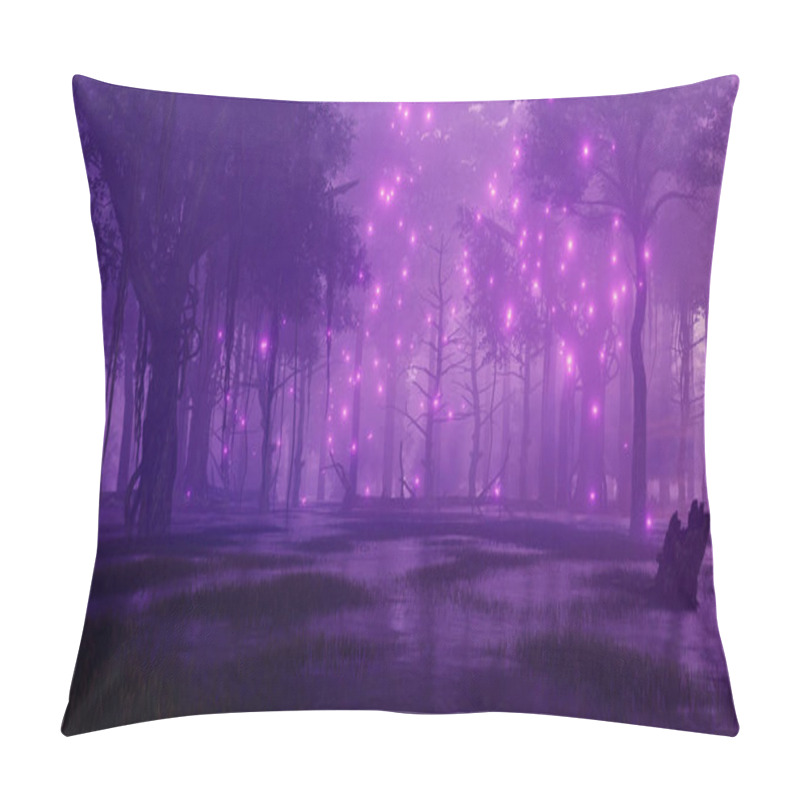 Personality  Supernatural Fairy Firefly Lights Flying Around Creepy Dead Trees In Swampy Mystical Night Forest. Fantasy 3D Illustration From My Own 3D Rendering File. Pillow Covers