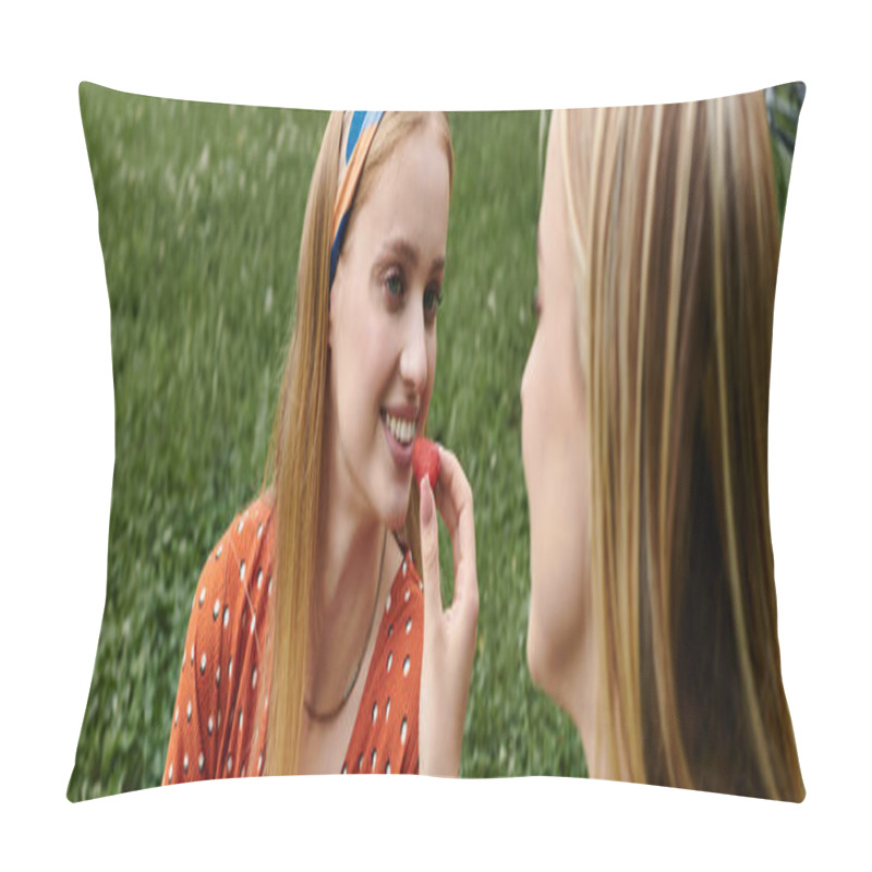 Personality  A Young Woman Feeds Her Girlfriend A Berry During A Summer Picnic In A Park. Pillow Covers