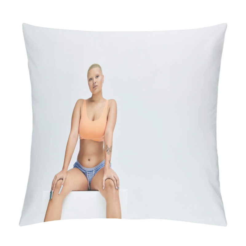 Personality  A Young Bald Woman Confidently Poses In Bright Clothing, Exuding Boldness And Style. Pillow Covers