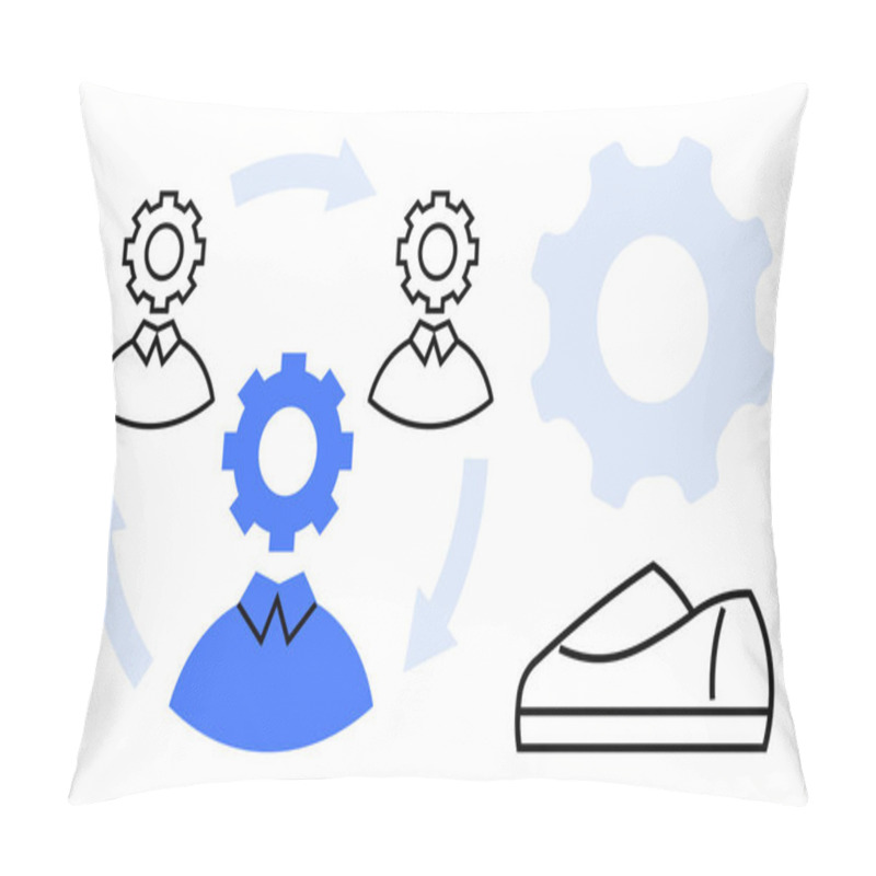 Personality  Three Human Figures Interconnected By Arrows, Each With Gearheads Symbolizing Teamwork And Workflow. Large Gear Icon And Productivity Symbol. Ideal For Business Strategies, Team Management Pillow Covers