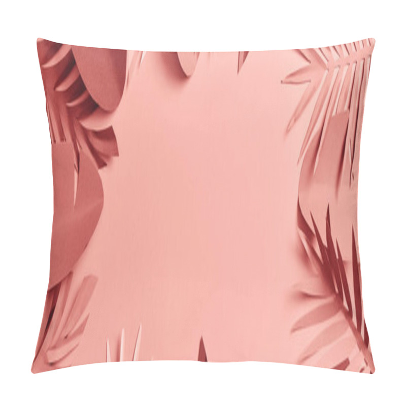 Personality  Top View Of Exotic Paper Cut Palm Leaves On Pink Background With Copy Space, Panoramic Shot Pillow Covers