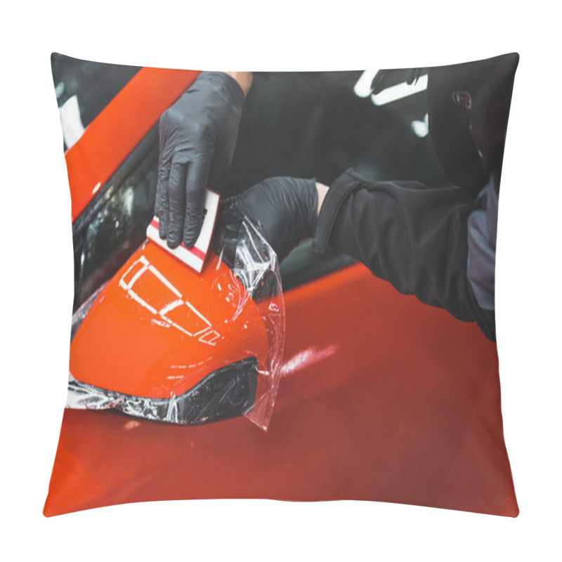 Personality  The Process Of Installing PPF On The Side Mirror Of A Red Sports Car. Protective Film For Paint Protecting Scratches And Gravel. High Quality Photo Pillow Covers