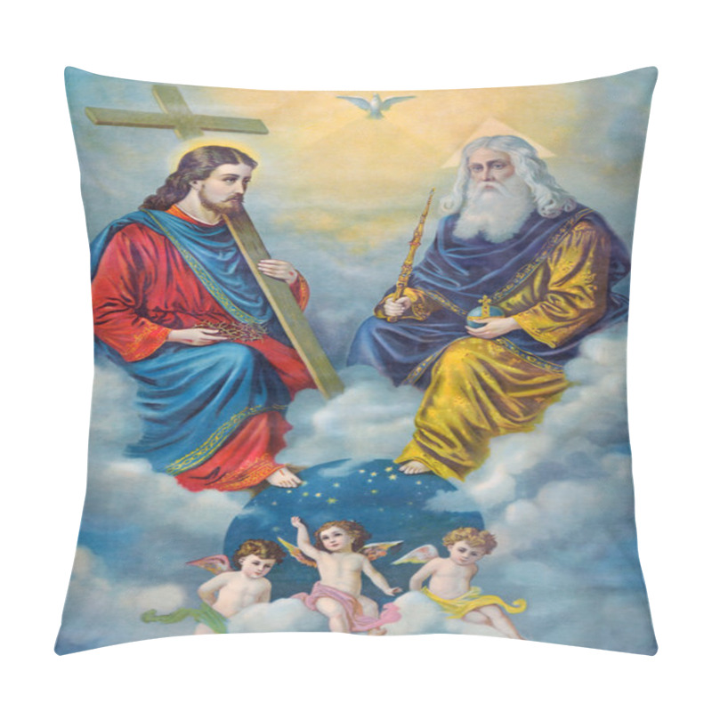 Personality  SEBECHLEBY, SLOVAKIA - FEBRUARY 27, 2016: Typical Catholic Image Of Holy Trinity Printed In Germany From The End Of 19. Cent. Originally Designed By Unknown Painter. Pillow Covers