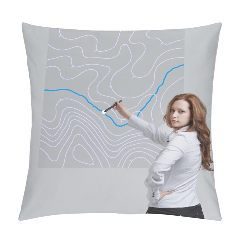 Personality  Geographic Information Systems Concept, Woman Scientist Working With Futuristic GIS Interface On A Transparent Screen. Pillow Covers