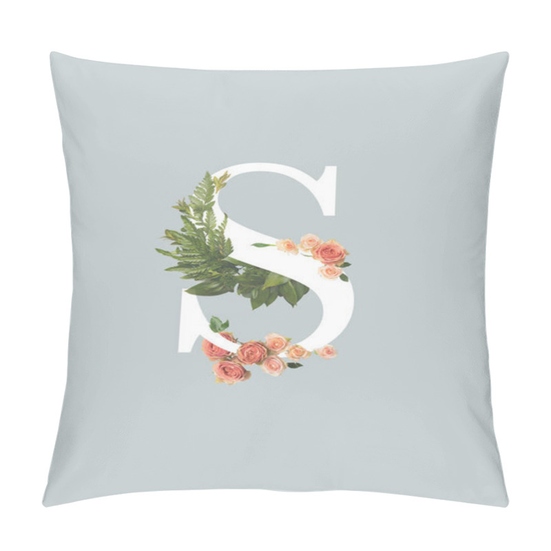 Personality  White Letter S With Roses And Green Fern Leaves Isolated On Grey Pillow Covers