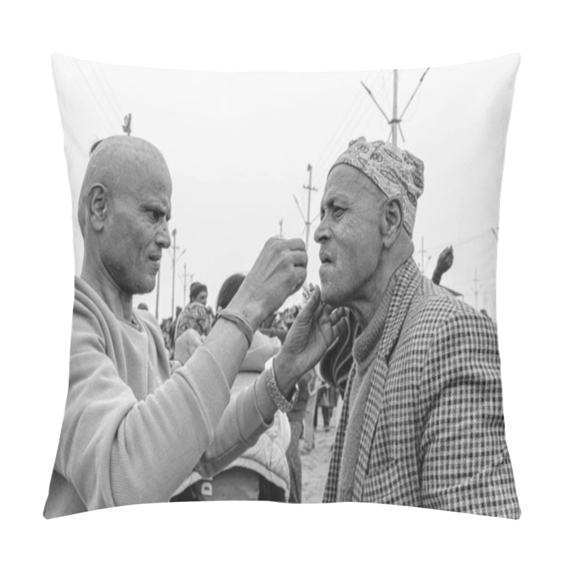 Personality  One Brother Carefully Shaving The Other's Beard Just Before Their Sacred Dip In The Holy Sangam, A Moment Of Brotherhood And Devotion Amidst The Spiritual Chaos Of Kumbh Mela. Pillow Covers