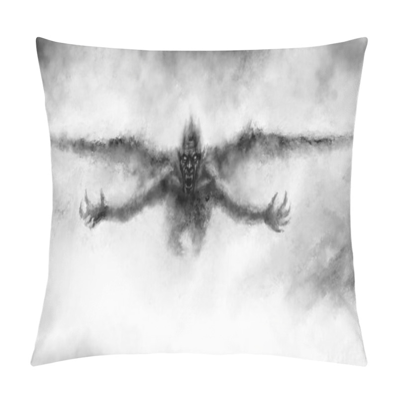 Personality  Illustration Of Scary Flying Vampire With Wings. Fantasy Drawing For Creepy Halloween. Black And White Horror Genre Picture. Spooky Face Of Beast From Nightmares. Grunge, Coal And Noise Effects. Pillow Covers