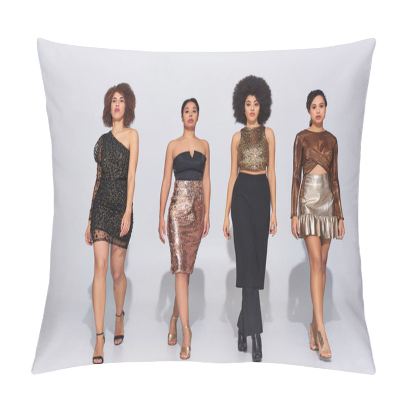 Personality  Four Attractive African American Woman In Party Outfits Spending Time Together, Fashion Concept Pillow Covers