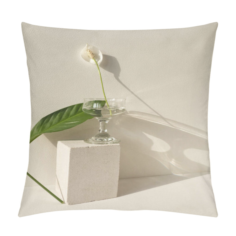 Personality  Floral Composition Of Spathiphyllum Flower And Leaf In Glass On Pedestal On White Background. White Flower And Green Leaf Elegant Decor. Floral Minimalist Geometric Concept. Houseplant Aesthetic. Pillow Covers