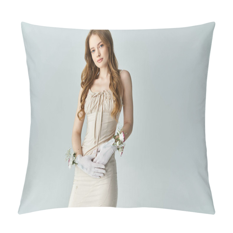 Personality  A Beautiful Young Woman Stands Gracefully, Highlighting Floral Accents. Pillow Covers