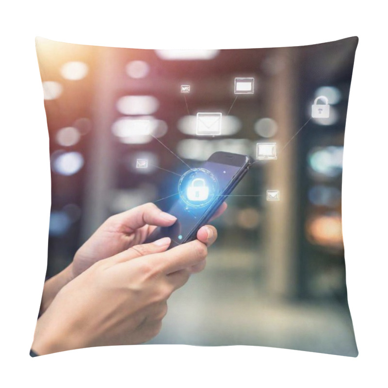 Personality  A High-resolution Digital Artwork Depicting A Person Holding A Smartphone In Their Hands, With A Blurred Background Of A Business Setting. Overlaid On This Scene Are Various Interconnected Icons Symbolizing Digital Communication And Networking Pillow Covers