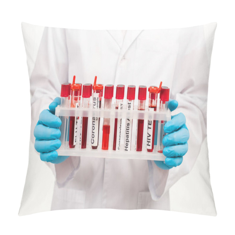 Personality  Cropped View Of Scientist In Latex Gloves Holding Samples With Lettering Isolated On White  Pillow Covers