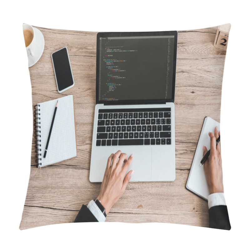 Personality  Top View Of Woman Using Laptop With Computer Codes Near Smartphone With Blank Screen Pillow Covers