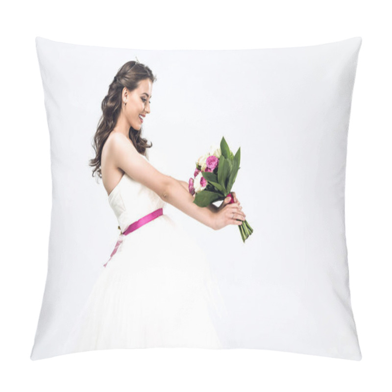 Personality  Side View Of Smiling Young Bride In Wedding Dress Holding Bridal Bouquet Isolated On White Pillow Covers